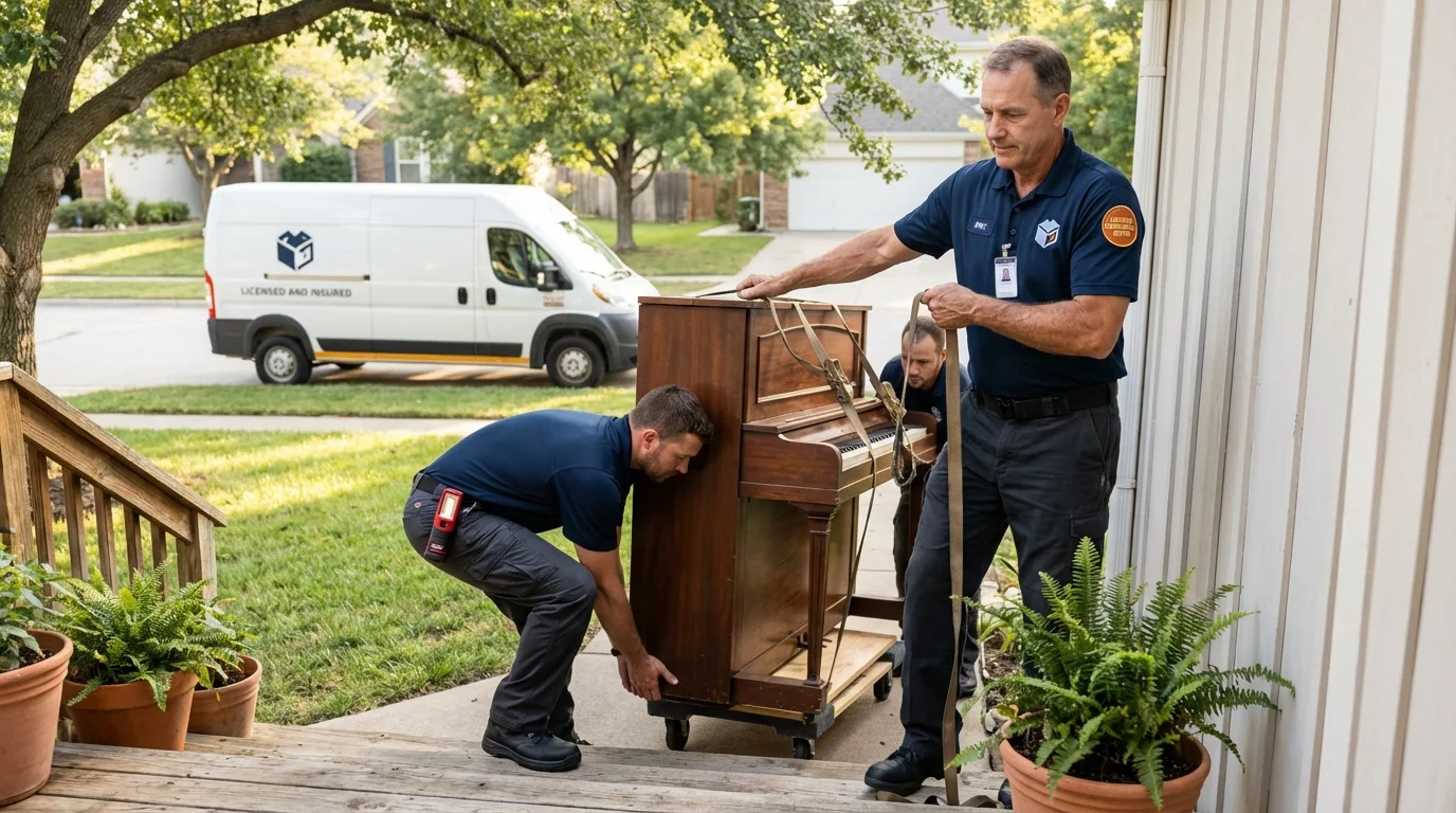 Licensed piano movers securing grand piano in Woodinville, WA