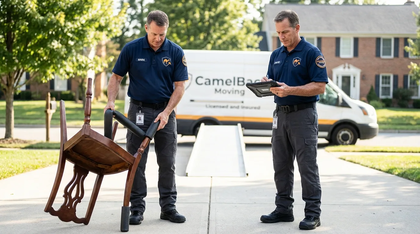 Movers inspecting furniture for damage prevention before loading in Woodinville, WA