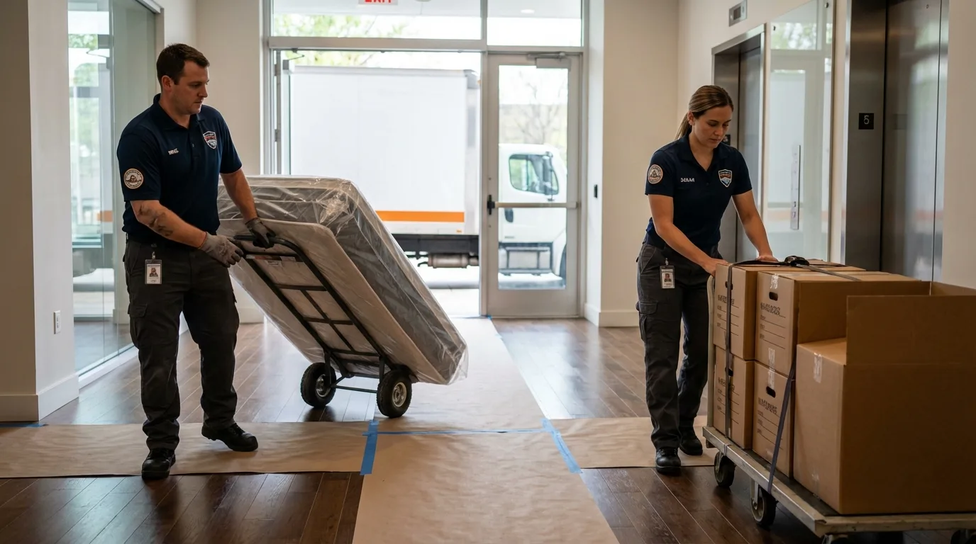 Professional apartment movers loading elevator in Woodinville, WA