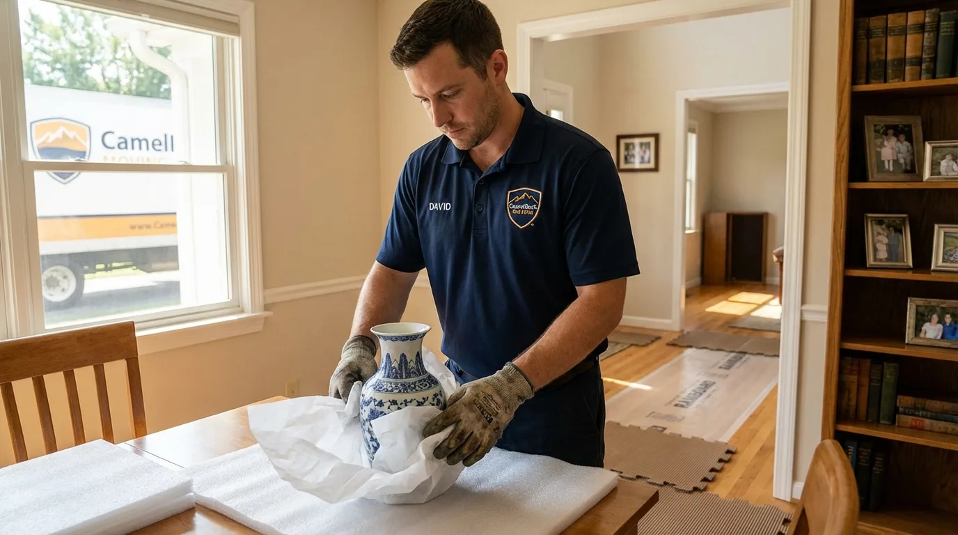 Professional crew carefully wrapping antique vase for senior downsizing move in Woodinville, WA